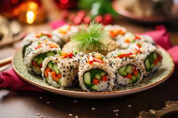Selbstklebende Fototapeten An elegant platter of Christmasthemed sushi rolls, made with cauliflower rice and filled with colorful vegetables, perfect for those with a gluten intolerance. © Justlight