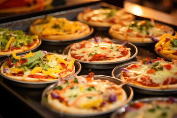 Closeup of a pan of mini pizzas, topped with a variety of toppings that kids can choose and arrange themselves.