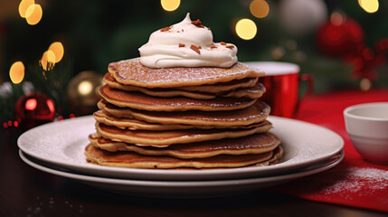 Closeup of a warm stack of fluffy gingerbread pancakes, topped with a dollop of whipped cream and a sprinkle of cinnamon, sitting on a festive red and green plaid tablecloth. - obrazy, fototapety, plakaty
