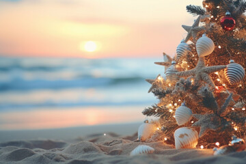 Closeup of a beautifully decorated Christmas tree with ling lights and seashell ornaments, standing on a sandy beach with crashing waves in the background.