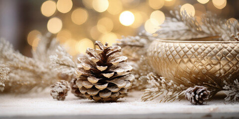 Fototapeta na wymiar Detailed shot of a pine cone, dusted in shimmering gold glitter, adding a touch of glamour to a rustic holiday centerpiece.