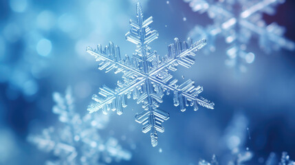 Macro shot of tiny snowflakes forming intricate patterns under a microscope, highlighting the unique beauty and complexity of these frozen crystals.