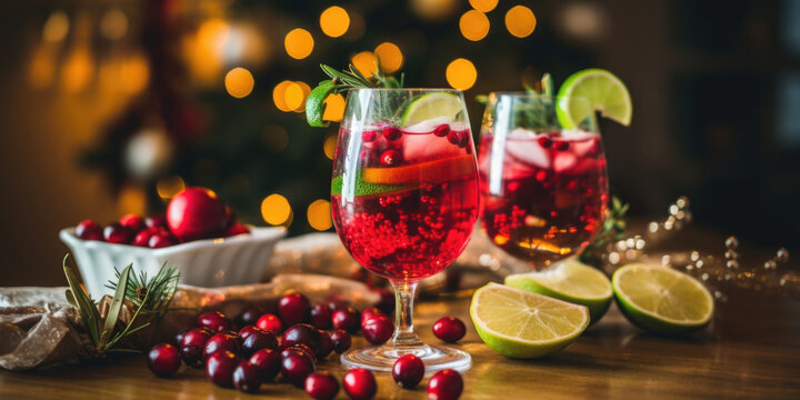 A spread of festive holiday tails, including a refreshing cranberry and lime spritzer and a cozy mulled wine infused with warm es. These plantbased beverages are a delicious way to toast