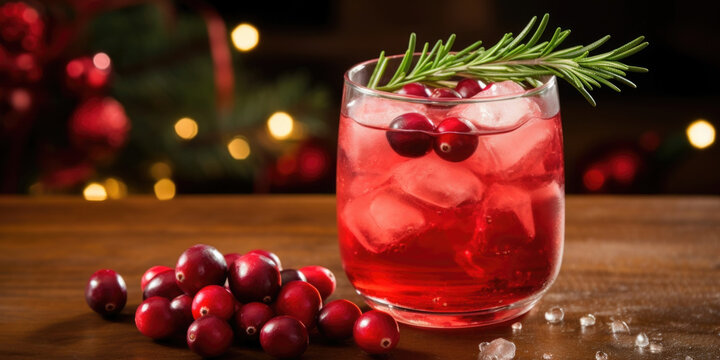 A refreshing cranberry spritzer, garnished with fresh cranberries and a sprig of rosemary for a pop of color and flavor.