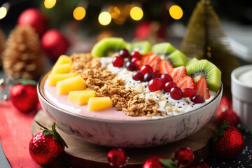 A vibrant smoothie bowl topped with leftover fruit salad, honey, and crunchy granola for a refreshing postholiday breakfast.