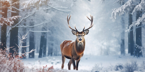A majestic deer with large antlers standing in a clearing, a dusting of snow on its back and a small red bow tied around its neck.