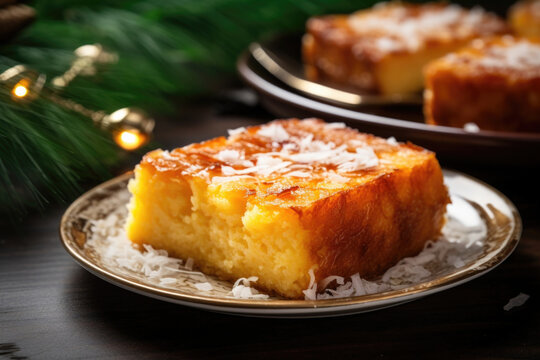 Closeup of a goldenbrown slice of Bibingka, a traditional Christmas dessert from the Philippines made with rice flour, coconut milk, and salted eggs.