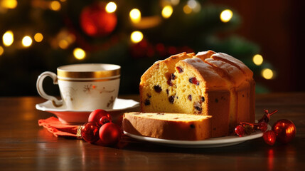 The traditional Italian Christmas dessert, panettone, captured in a closeup with its golden crust...