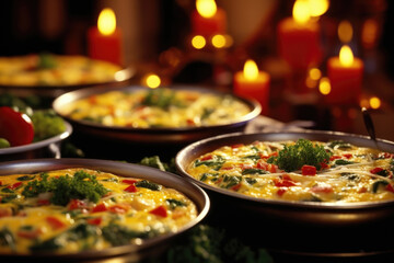 Fototapeta premium A tray of festive frittatas, packed with colorful vegetables and herbs, ready to be sliced and served along with a variety of holidaythemed salads.