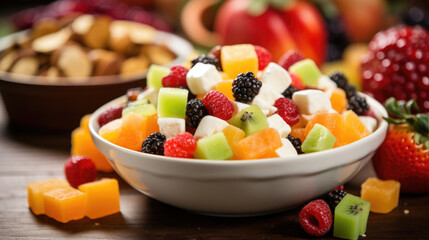 A table covered in colorful ingredients chopped fruits, mini marshmallows, and chocolate chips for a festive holiday fruit salad that kids can easily assemble themselves.