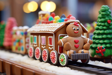 Fototapeta na wymiar An expertly crafted gingerbread train, complete with a locomotive and cars, each one decked out with candy wheels and frosting details.