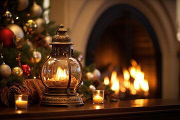 The sleigh is p in front of a large fireplace, with a crackling fire adding to the warmth and ambiance. The lanterns and greenery bring a touch of Christmas spirit to the hearth. - obrazy, fototapety, plakaty