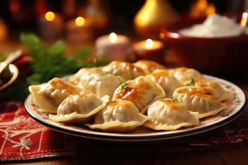 A platter of Polish pierogies, delicate dumplings stuffed with a variety of fillings such as sauerkraut, cheese, or meat. These pillowy dishes are often enjoyed during Christmas Eve dinner, - obrazy, fototapety, plakaty