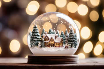 Fototapeta na wymiar Closeup of a beautiful snow globe centerpiece, featuring a classic winter scene of a quaint village nestled in the snowcovered mountains.
