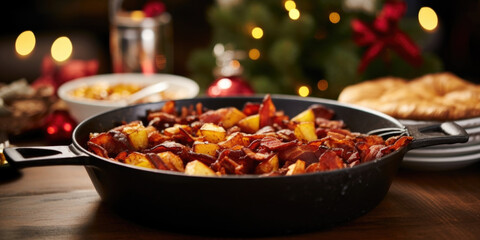 A skillet of sizzling bacon, crispy and perfectly cooked, ready to be served alongside stacks of savory hash browns and crispy potato latkes. - obrazy, fototapety, plakaty