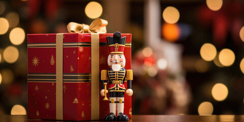 Naklejka na ściany i meble Up close, the giftwrapped box reveals a charming nutcracker motif, with gold and red accents and a small toy soldier figurine resting on top.