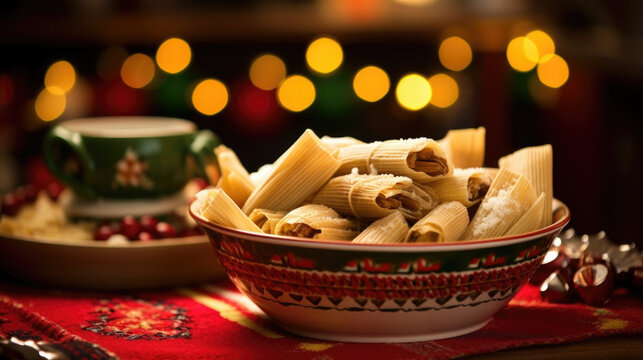 A bowl filled with Tamales Dulces, a sweet version of the popular Mexican Christmas dish made with corn masa, cinnamon, raisins, and sometimes filled with a surprise like chocolate or fruit.