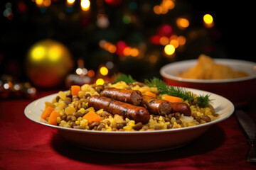 A vibrant and colorful dish of Barbadian jugjug, a hearty mix of pigeon peas, cornmeal, and y sausage. This dish is a staple in many Caribbean households during the holidays and is often