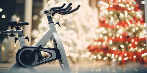 Closeup of a snowcovered stationary bike surrounded by holiday lights, highlighting the idea of indoor cycling workouts during the holiday season.