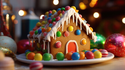 Fototapeta premium Highangle shot of a homemade gingerbread house, with colorful candy decorations, being used as a model to demonstrate the concept of structural engineering.