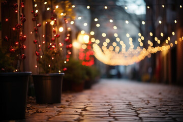 A quiet alleyway in the city lit up by colorful string lights strung across the buildings, creating a cozy and festive atmosphere.