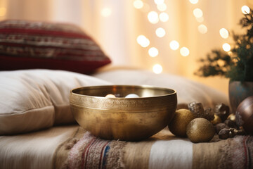 A tranquil meditation space, adorned with plush cushions, journals, and a Tibetan singing bowl, providing a peaceful escape from the chaos of daily life.