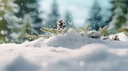 Closeup of a snow bank, with small pine needles sticking out from the layers and adding a touch of green to the wintery scene.