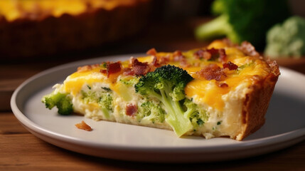 Closeup of a cheesy bacon and broccoli quiche, with a ery crust and a filling of creamy eggs, cheese, and flavorful bites of bacon and broccoli.