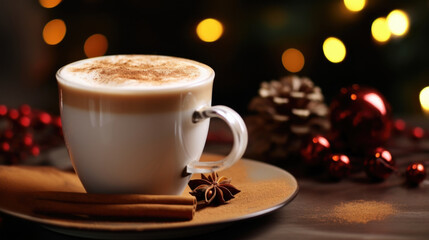 Closeup of a creamy and rich ed chai latte, garnished with a sprinkle of cinnamon and a dash of nutmeg on top.