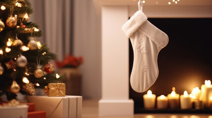 A plain white stocking hangs by the fireplace, the only decoration in the room.