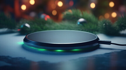 Closeup of a wireless charging pad, a convenient gadget for nontechies who often forget to charge their devices or dislike dealing with tangled cords.