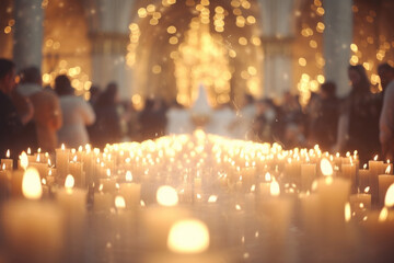 A charming glimpse of a floating church, lit up by hundreds of candles, with a choir dressed in white robes singing traditional carols and adorned with wreaths. - obrazy, fototapety, plakaty
