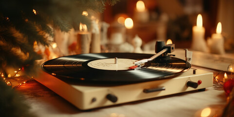 Closeup of a vintage record player spinning a vinyl record of Bing Crosbys White Christmas, surrounded by pine branches and candles.