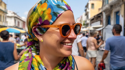 Smiling woman in her 30s, of Caucasian ethnicity, wears colorful scarf and sunglasses in a bustling urban street scene, radiating joy and enhancing the vibrant atmosphere.