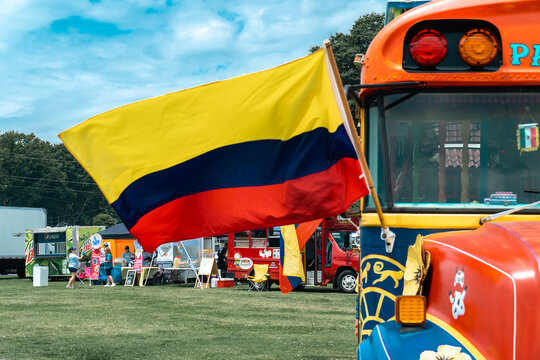 Charlotte, North Carolina, United States. July 22, 2023: Colombian festival. Colombian flag on shirts, chivas, shirts.