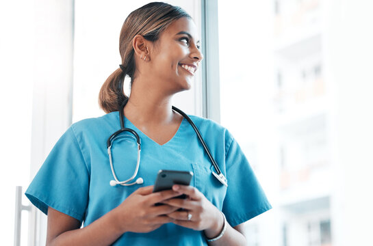 Idea, social media and doctor with a phone for communication, email and schedule. Thinking, ambition and woman nurse typing on a mobile for an app chat, healthcare research and conversation