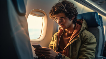 Young man uses smartphone sitting in airplane during flight. Passenger browsing social media on his mobile phone inside flying plane. Concept of travel, internet, technology, trip - obrazy, fototapety, plakaty