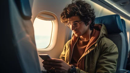 Fotobehang Young man uses smartphone sitting in airplane during flight. Passenger browsing social media on his mobile phone inside flying plane. Concept of travel, internet, technology, trip © karina_lo
