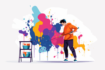 Graffiti Artist Painting a Colorful Mural isolated vector style illustration