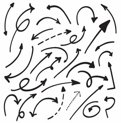 Charcoal arrows vector icons set. Hand drawn freehand different curved lines, swirls arrows. Doodle marker drawing, black chalk smears. Direction pointers. Scribbles and scrawls.