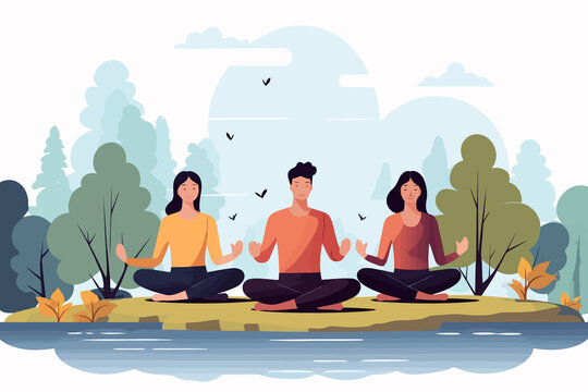 Group Meditation Session in a Serene Park Setting isolated vector style illustration