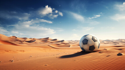 Football ball on the sand dunes of a desert. Football in the desert - obrazy, fototapety, plakaty