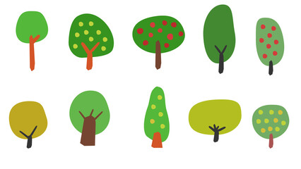 Collection of cute simple painted trees. Colorful children book style illustration. Set of trees isolated on transparent background