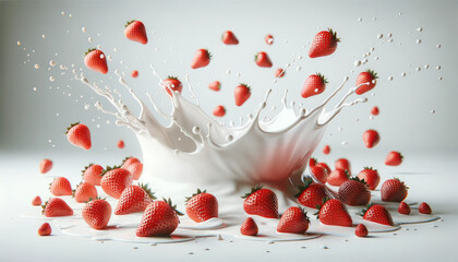 3D Rendered Dynamic Milk Splash Around Strawberries with Airborne Droplets on White Background