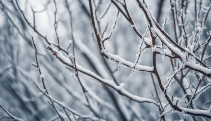 Fototapeta na wymiar Frosty Winter Day, White Snow on Bare Tree Branches
