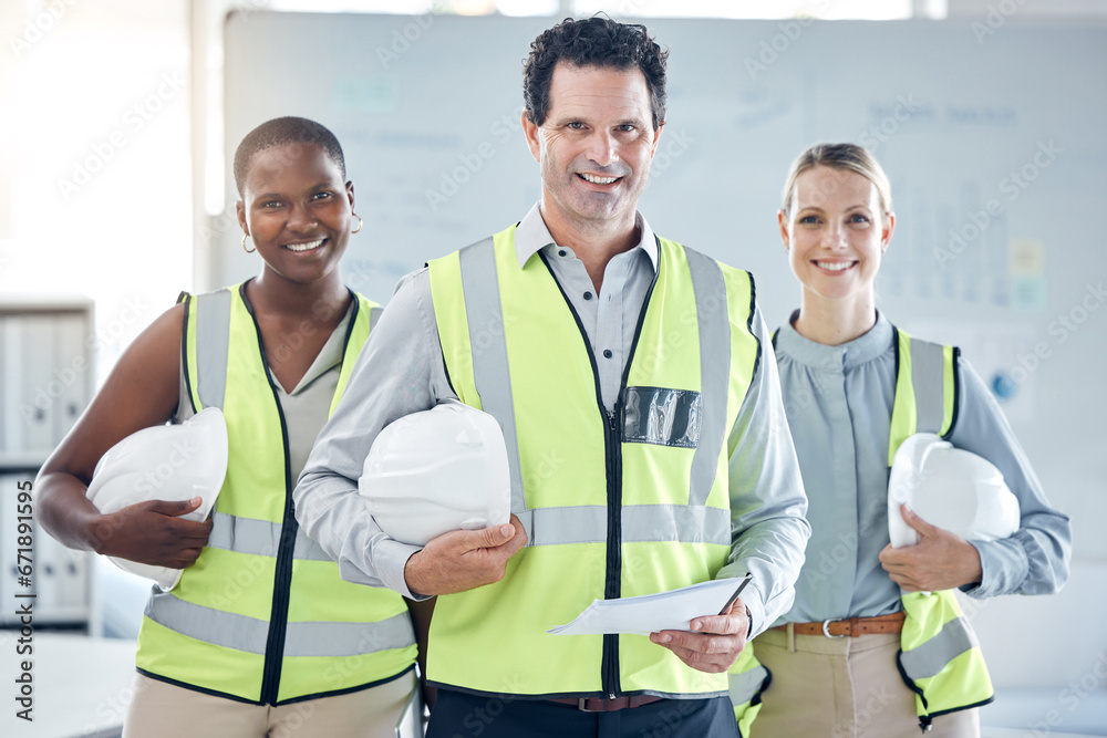 Poster Architecture, diversity and engineering leader with a team or group of workers ready to start building a project. Smile, trust and construction manager with happy designers for teamwork in an office