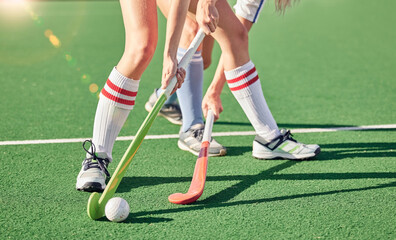 Hockey stick, hockey ball and turf competition, sports games and challenge on grass field, pitch and outdoor. Women team, field hockey players and contest, action and sport training on stadium arena