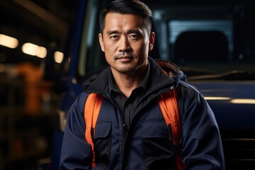 Fototapeta premium Asian Male Truck Driver Industry Professional Backdrop Generative AI