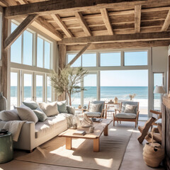  An airy beach house living room with pale blue walls
