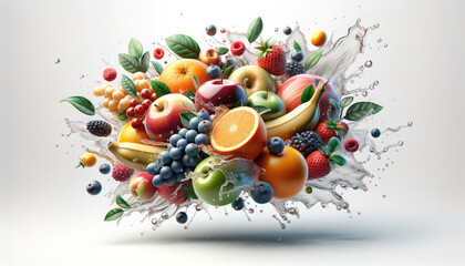 Naklejka na ściany i meble 3D Rendered Vibrant Fruit Splash Scene with Apples, Oranges, Bananas, Grapes, and Berries in Mid-Air and Water Droplets on White Background